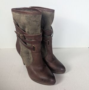 Frye Harlow Multi Strappy Harness BrownbTan Heeled Leather Canvas Boots 10 M